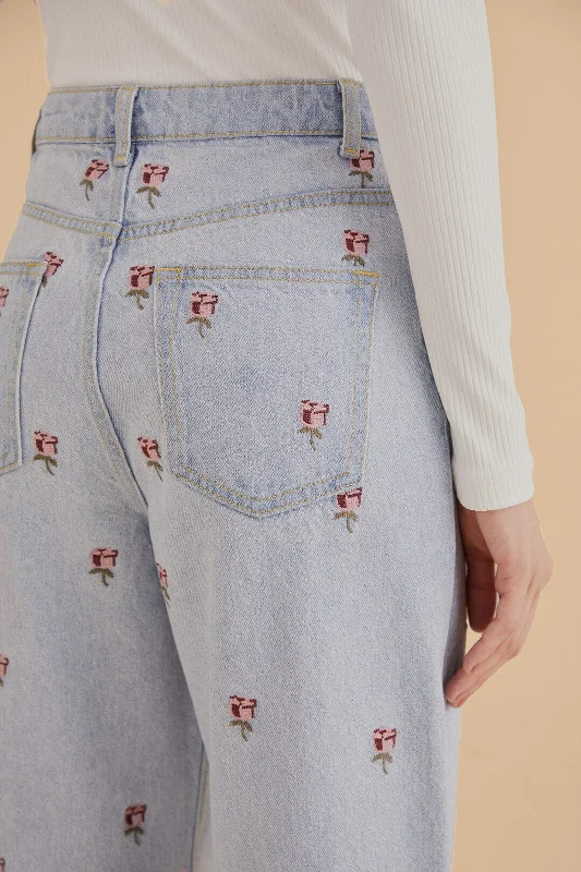 Rose Embroidered Denim Pants