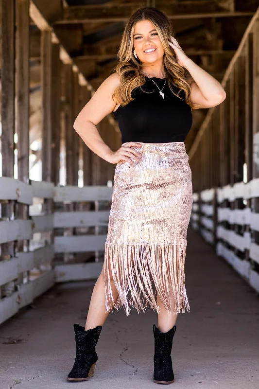 Rose Gold Sequin Midi Skirt With Fringe