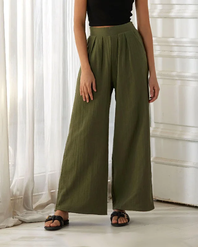 Smocked Waist Wide Leg Pants - Olive