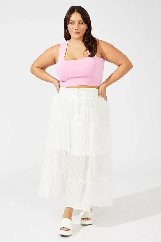 White Shirred Waist Tie Maxi Skirt