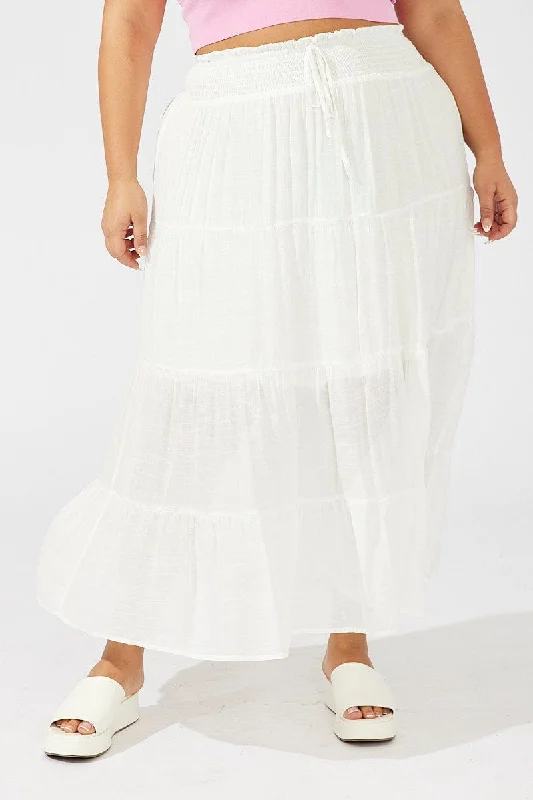 White Shirred Waist Tie Maxi Skirt