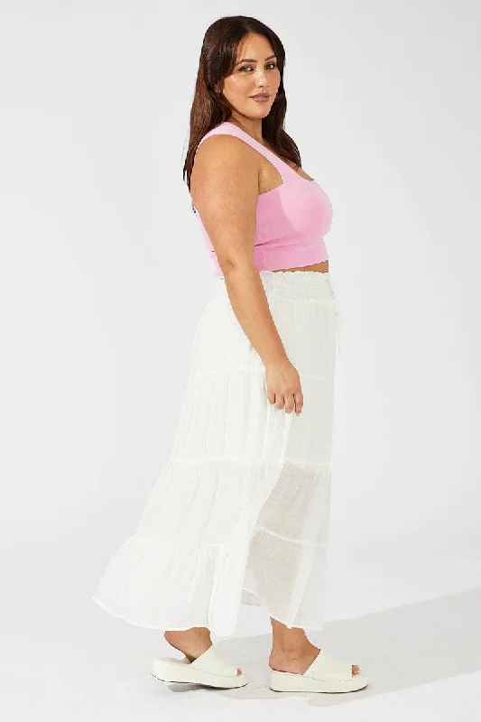 White Shirred Waist Tie Maxi Skirt