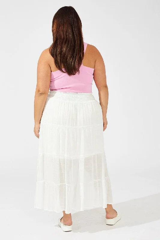 White Shirred Waist Tie Maxi Skirt