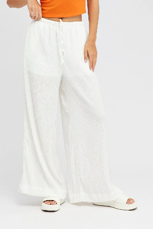 White Wide Leg Pants High Rise Textured Fabric