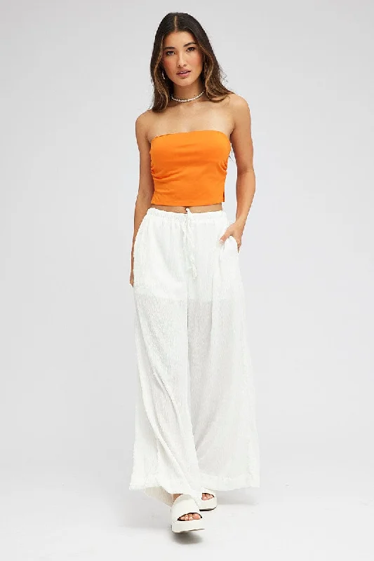 White Wide Leg Pants High Rise Textured Fabric