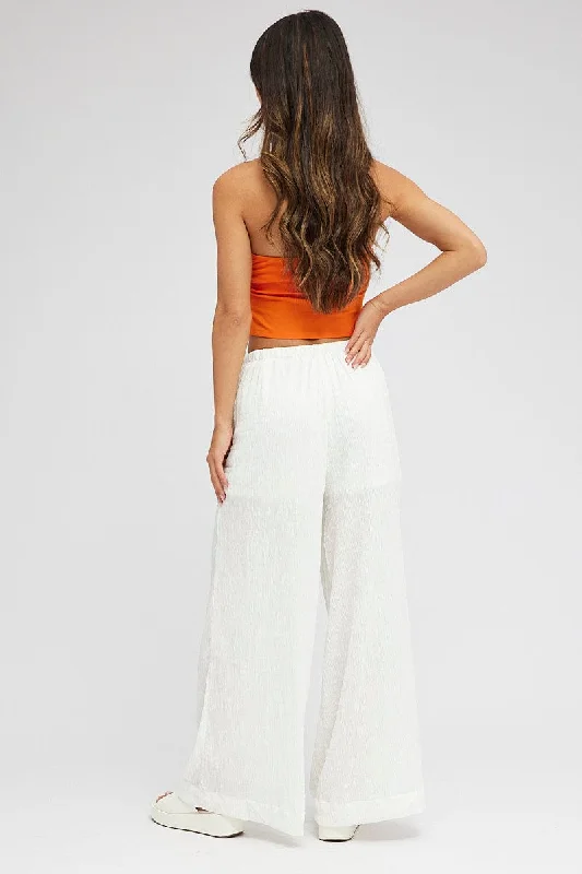 White Wide Leg Pants High Rise Textured Fabric