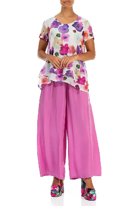 Wide Flowy Wild Berry Pure Silk Trousers