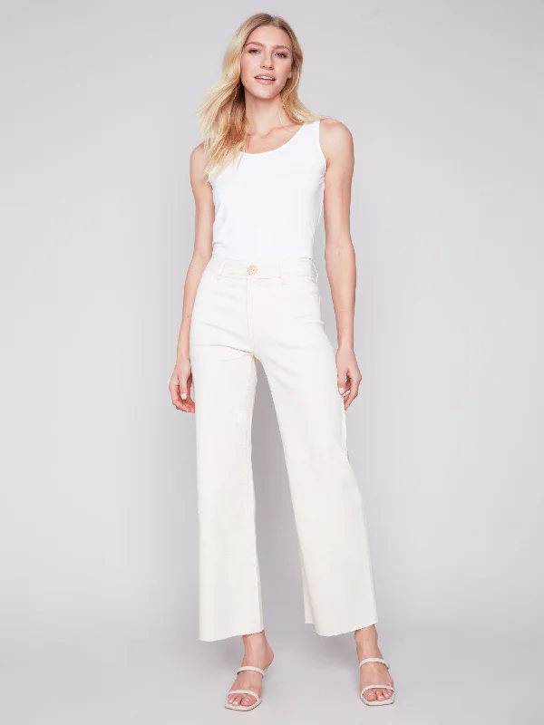 Wide Leg Twill Jeans with Raw Hem - Natural