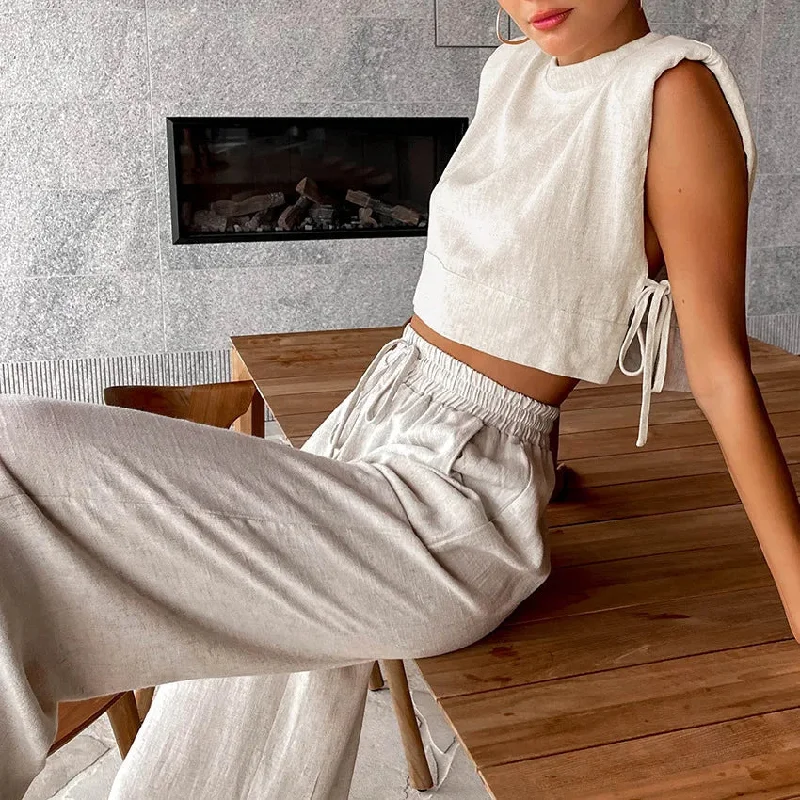 Women's 2 Piece Crop Top and Fashion Designer Linen Pants