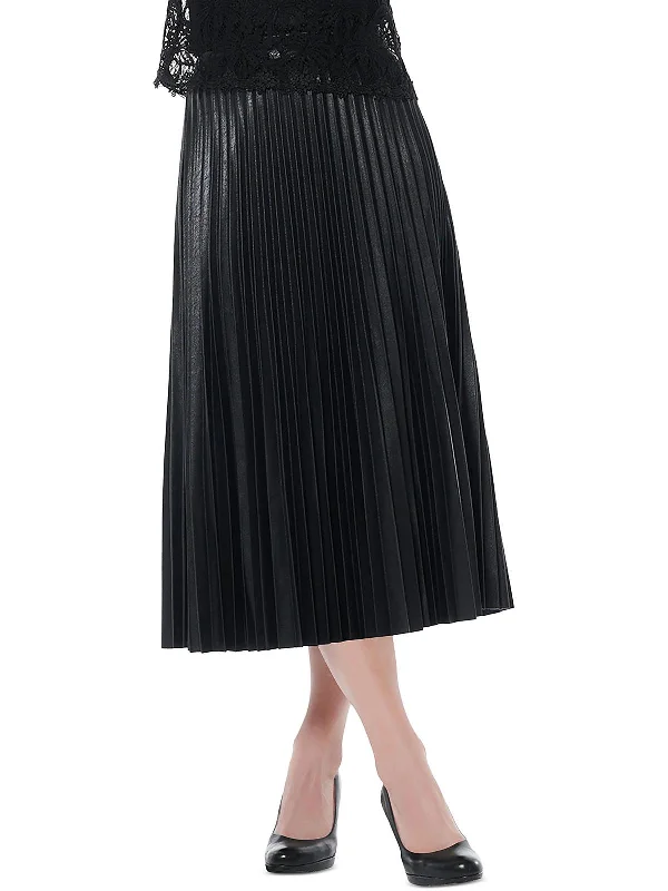 Womens Faux Leather Long Pleated Skirt