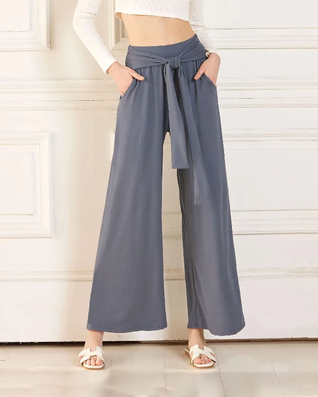 High Waisted Front Tie Wide Leg Pants - DK.Grey