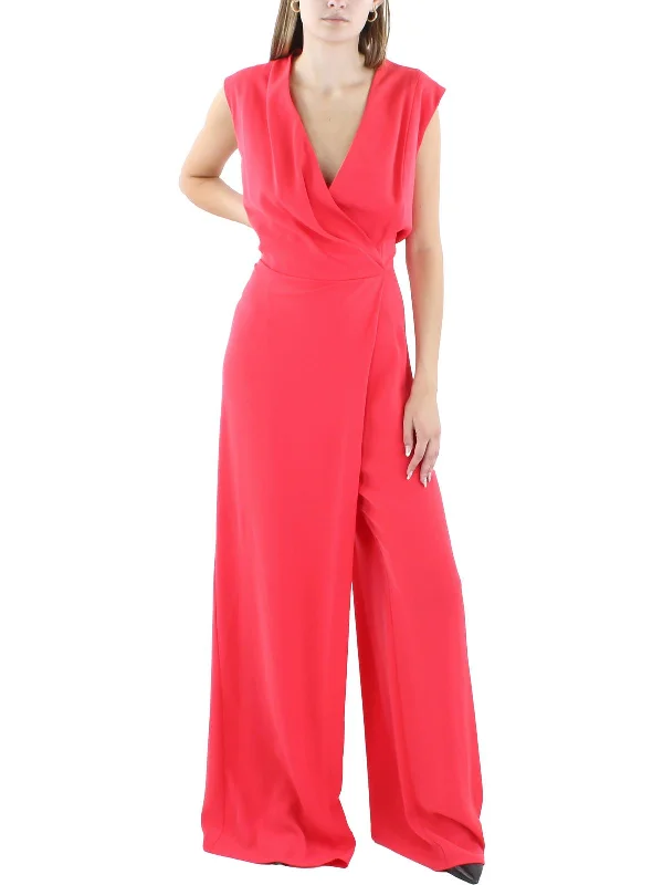 Womens Surplice Neckline Wide Leg Jumpsuit